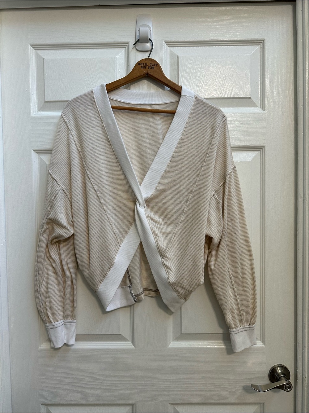 BUCKETLIST Reversible Cream Wrap-Front V-Neck Sweater with White Trim